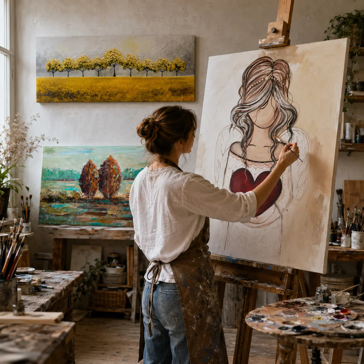 Malířka Papilora ručně maluje obraz v ateliéru na Slovensku – ručně malované obrazy na plátně ARTMIE 340 g/m², CWF1224ZE1