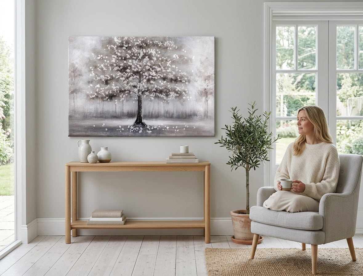 Malovaný obraz na zeď STROM 90x60 cm – ručně malovaný obraz v elegantním interiéru (Mid-century warm) | wall mockup | premium canvas | Papilora.sk