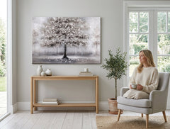 Malovaný obraz na zeď STROM 90x60 cm – ručně malovaný obraz v elegantním interiéru (Mid-century warm) | wall mockup | premium canvas | Papilora.sk