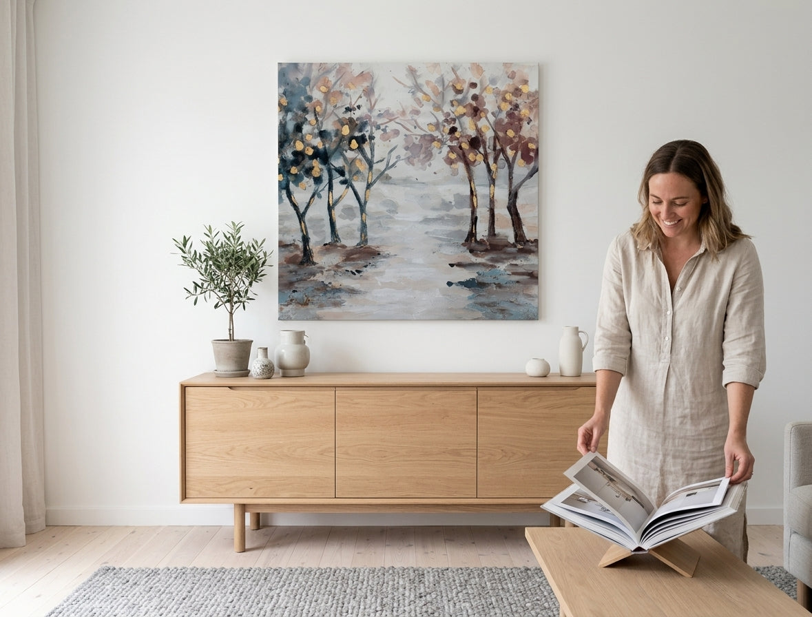 Malovaný obraz na zeď STROMY 60x60 cm – ručně malovaný obraz v elegantním interiéru (Bohemian warm) | wall mockup | premium canvas | Papilora.sk