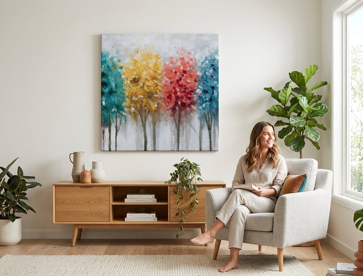 Malovaný obraz na zeď STROMY 60x60 cm – ručně malovaný obraz v elegantním interiéru (Mid-century warm) | wall mockup | premium canvas | Papilora.sk