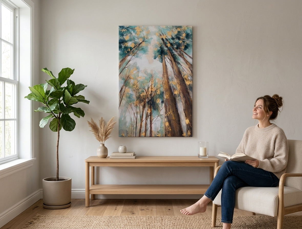 Malovaný obraz na zeď STROMY 60x90 cm – ručně malovaný obraz v elegantním interiéru (Bohemian warm) | wall mockup | premium canvas | Papilora.sk