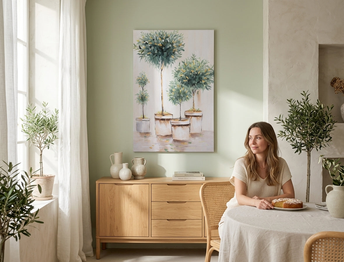 Malovaný obraz na zeď STROMY 60x90 cm – ručně malovaný obraz v elegantním interiéru (Scandi cream) | wall mockup | premium canvas | Papilora.sk