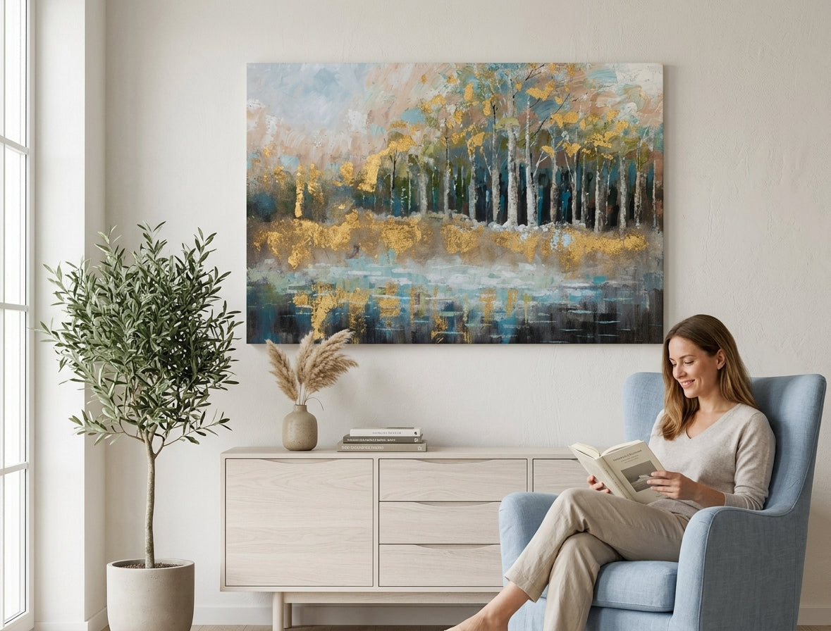 Malovaný obraz na zeď STROMY 90x60 cm – ručně malovaný obraz v elegantním interiéru (Modern coastal) | wall mockup | premium canvas | Papilora.sk