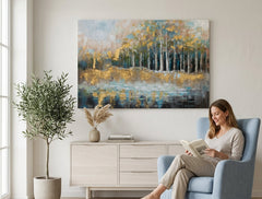 Malovaný obraz na zeď STROMY 90x60 cm – ručně malovaný obraz v elegantním interiéru (Modern coastal) | wall mockup | premium canvas | Papilora.sk