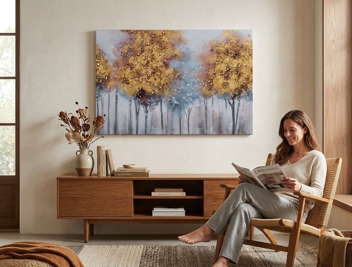Malovaný obraz na zeď STROMY 90x60 cm – ručně malovaný obraz v elegantním interiéru (Golden hour luxe) | wall mockup | premium canvas | Papilora.sk