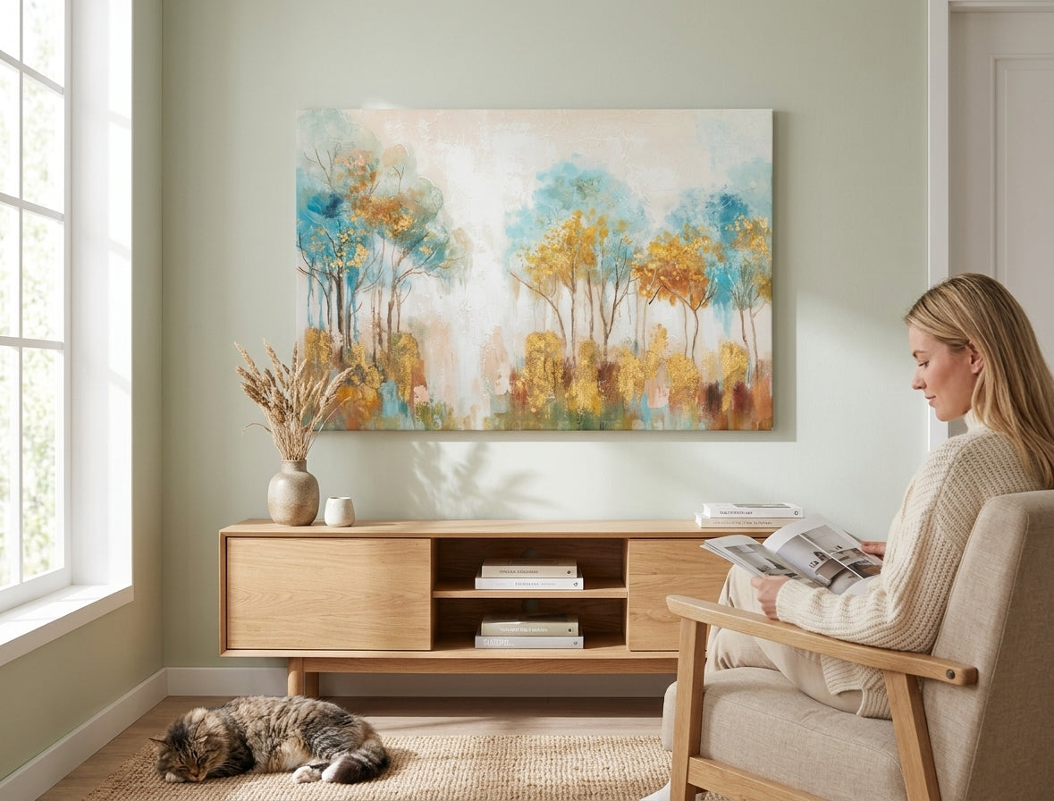 Malovaný obraz na zeď STROMY 90x60 cm – ručně malovaný obraz v elegantním interiéru (Mid-century warm) | wall mockup | premium canvas | Papilora.sk
