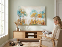 Malovaný obraz na zeď STROMY 90x60 cm – ručně malovaný obraz v elegantním interiéru (Mid-century warm) | wall mockup | premium canvas | Papilora.sk