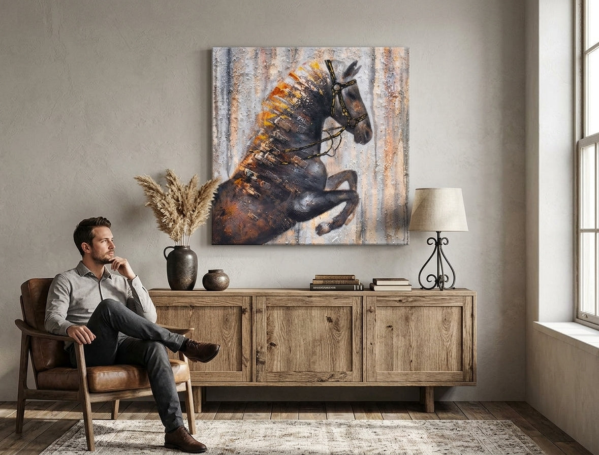 Malovaný obraz na zeď KŮŇ 75x75 cm 120x40 cm – ručně malovaný obraz v elegantním interiéru (Window reading) | wall mockup | premium canvas | Papilora.sk