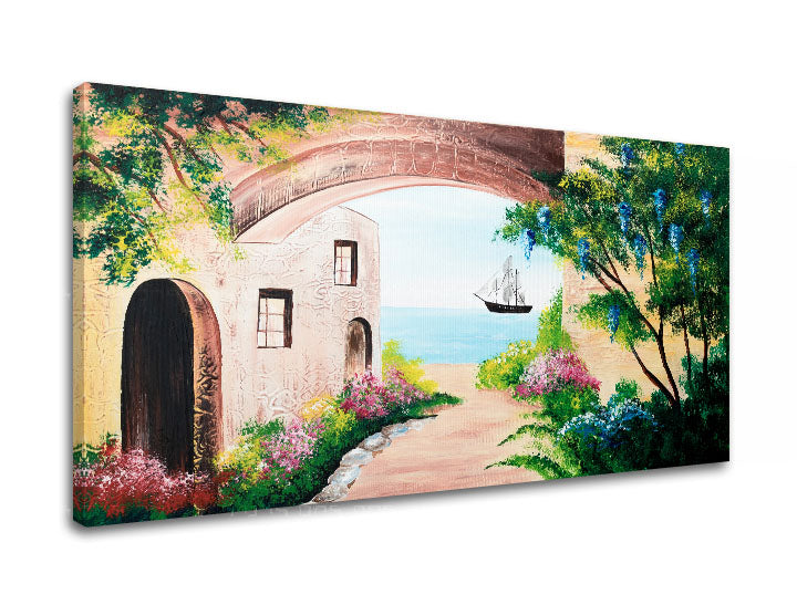 V boho stylu obraz na plátně s motivem oceán, zahrada, květy, moře a pláž, příroda v béžovo-hnědých odstínech, klidná atmosféra, vhodný do chodby – produkt, pohled 2