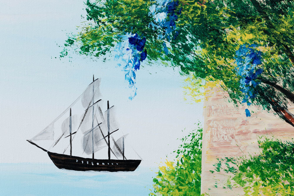 V boho stylu obraz na plátně s motivem oceán, zahrada, květy, moře a pláž, příroda v béžovo-hnědých odstínech, klidná atmosféra, vhodný do chodby – produkt, pohled 5