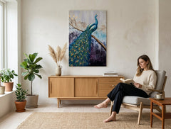 V boho stylu obraz na plátně s motivem PÁV v fialovo-modrých odstínech zavěšený v interiéru ložnice, elegantní atmosféra, příroda a krása | Malovaný obraz na stěnu PÁV – interiér