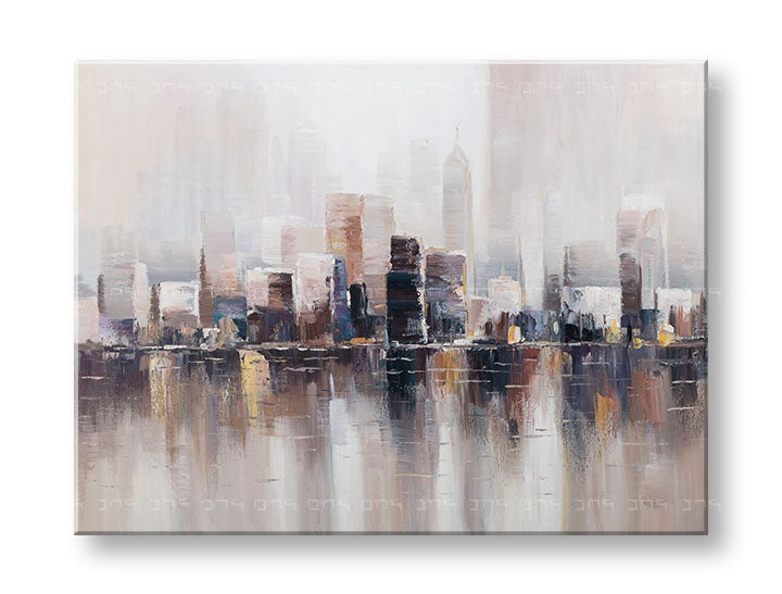 Ručně malovaný obraz s motivem VELKOMESTO, odraz na vodě v bílo-béžových odstínech | Malovaný obraz na stěnu VELKOMESTO, městský život a zamyšlení – náhled