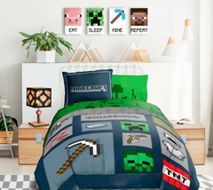 Na plátně jsou zobrazeny čtyři pixelové obrázky z Minecraftu: prase s nápisem 'EAT', Creeper s nápisem 'SLEEP', krumpáč s nápisem 'MINE' a Steve s nápisem 'REPEAT', vše v jasných barvách Papilora.