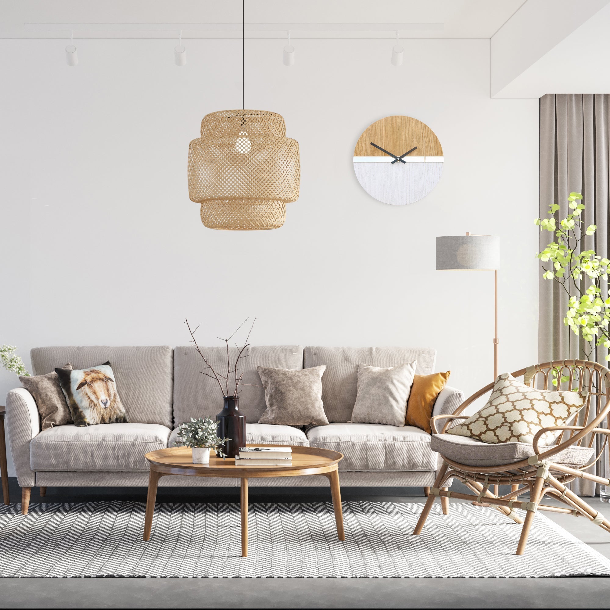 Moderní nástěnné hodiny s dřevěným a bílým designem visící v interiéru nad dřevěnou konzolí Papilora.