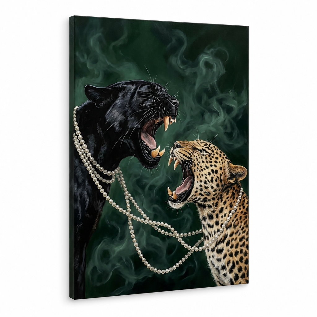 Moderní obraz dvou šelem, černý panter a leopard s perlovým náhrdelníkem, 3D vizualizace plátna na dřevěném rámu, Papilora.