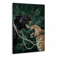 Moderní obraz dvou šelem, černý panter a leopard s perlovým náhrdelníkem, 3D vizualizace plátna na dřevěném rámu, Papilora.