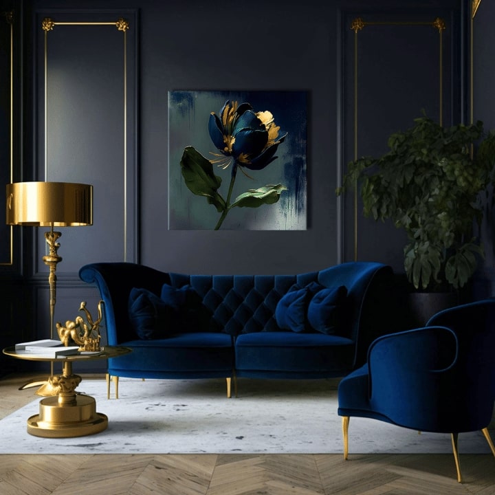 Industriální obraz na plátně s motivem Garden's Vibrant Heartbeat, květ, tulipán, listy, krajina v modro-šedých odstínech, elegantní atmosféra – produkt, pohled 2