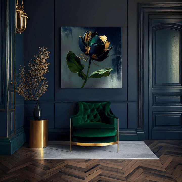 Industriální obraz na plátně s motivem Garden's Vibrant Heartbeat, květ, tulipán, listy, krajina v modro-šedých odstínech, elegantní atmosféra – produkt, pohled 3