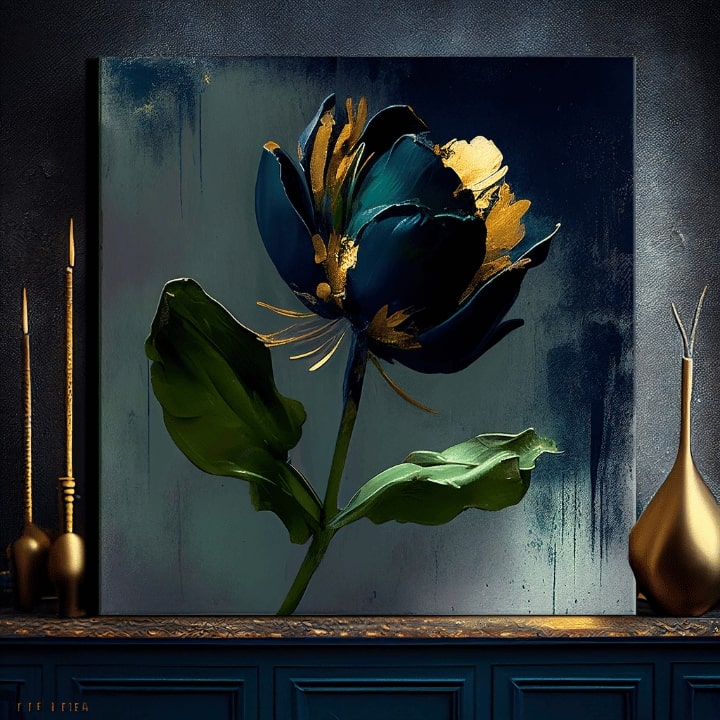 Industriální obraz na plátně s motivem Garden's Vibrant Heartbeat, květ, tulipán, listy, krajina v modro-šedých odstínech, elegantní atmosféra – produkt