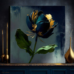 Industriální obraz na plátně s motivem Garden's Vibrant Heartbeat, květ, tulipán, listy, krajina v modro-šedých odstínech, elegantní atmosféra – produkt