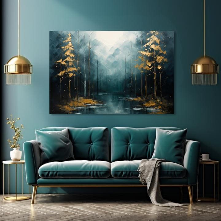 Art deco obraz na plátně s motivem les, stromy, hory, opar, krajina v modro-zelených odstínech, klidná atmosféra, příroda a tajemství, vhodný do obývacího pokoje – produkt