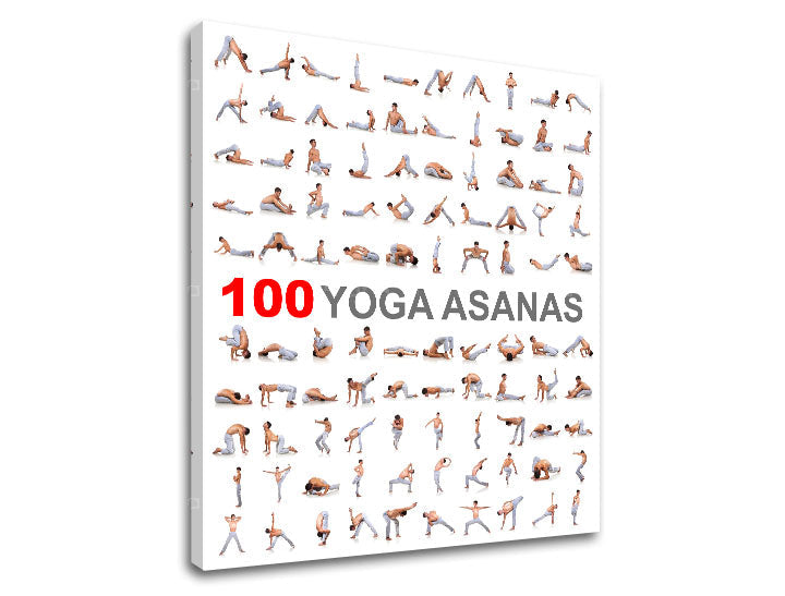 Na plátně je zobrazeno sto různých jógových ásan s textem „100 YOGA ASANAS“ na bílém pozadí, Papilora.