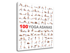 Na plátně je zobrazeno sto různých jógových ásan s textem „100 YOGA ASANAS“ na bílém pozadí, Papilora.