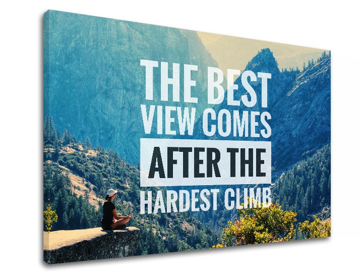 Moderní obraz s motivem The best view comes, les, motivační citát v bílo-černých odstínech | Motivační obraz na stěnu The best view comes_002 – náhled