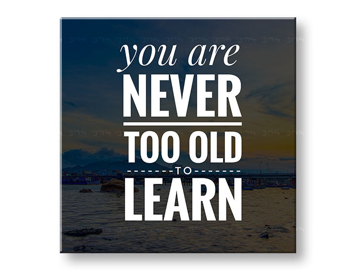 Obraz s citátem „You are never too old to learn“ visící v moderním interiéru nad dřevěnou konzolí s vázou a svíčkou Papilora.