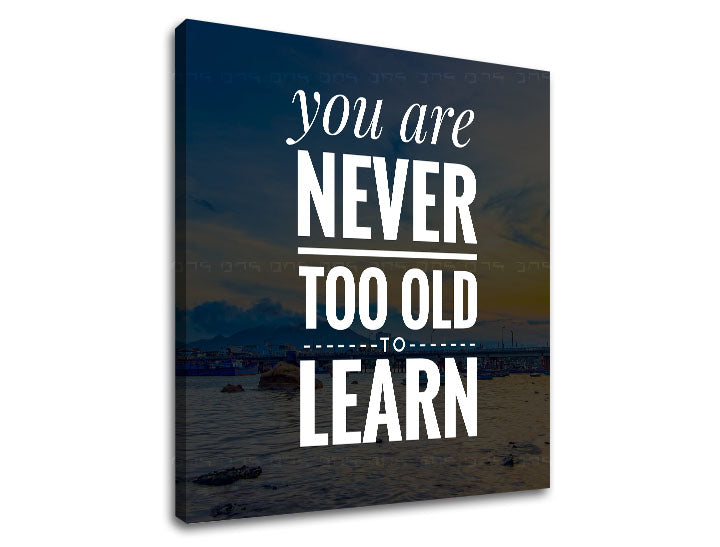 Plátno s motivačním citátem „You are never too old to learn“ na pozadí modrého moře a oblohy Papilora.