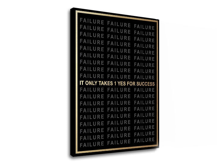 Detailní náhled kompozice s opakujícím se slovem „FAILURE“ a výrazným zlatým nápisem „IT ONLY TAKES 1 YES FOR SUCCESS“ Papilora.