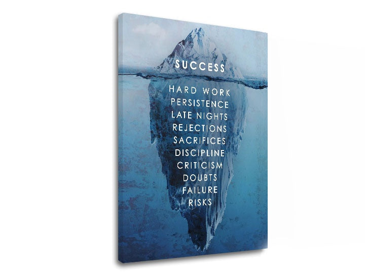 Detailní náhled na kompozici ledovce s nápisem "SUCCESS" nad hladinou a seznamem výzev jako "HARD WORK" a "PERSISTENCE" pod ní Papilora.