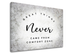 Industriální obraz na plátně s motivem Great things, motivační citát, příroda v šedo-černých odstínech, růst a rozvoj, vhodný do kanceláře – produkt