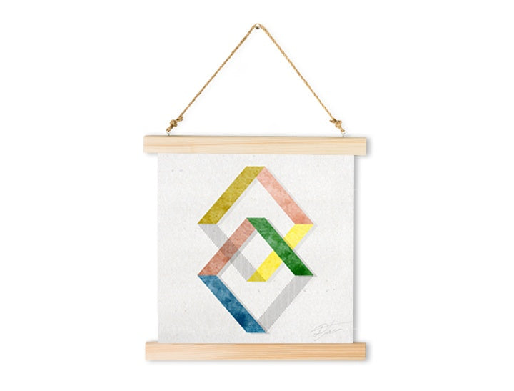 Abstraktní geometrické tvary v odstínech žluté, růžové, zelené a modré na plátně s dřevěným rámem Papilora.