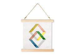 Abstraktní geometrické tvary v odstínech žluté, růžové, zelené a modré na plátně s dřevěným rámem Papilora.