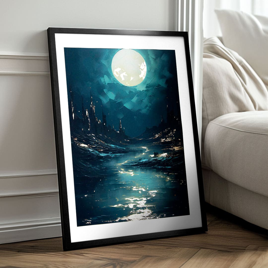 Moderní obraz na plátně s motivem noční obloha v černých odstínech, tajemná atmosféra, samota | Plakát na stěnu s EXTRA efektom - Moonlit Waves – produkt