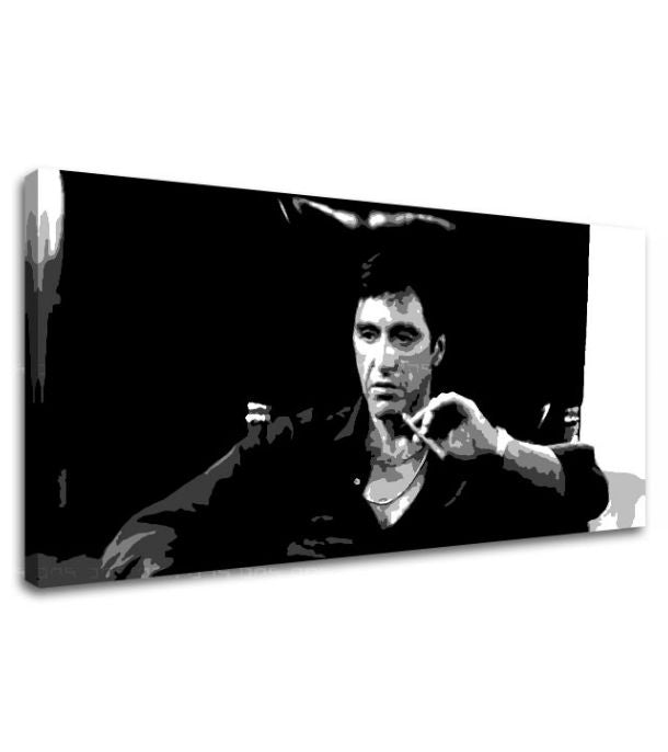 Pop art obraz na plátně s motivem Nahnevaný Tony Montana s cigarou v ruke, automobil, příroda v bílo-černých odstínech, intenzivní atmosféra – produkt