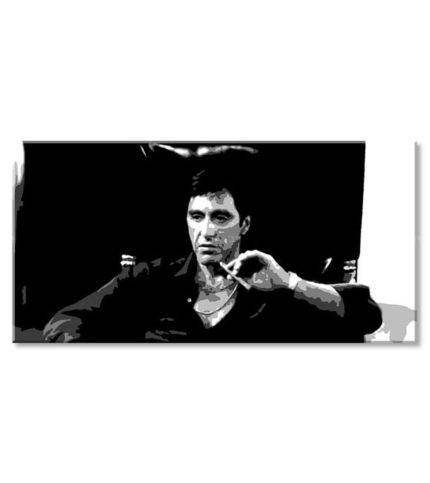 Pop art obraz na plátně s motivem Nahnevaný Tony Montana s cigarou v ruke, automobil, příroda v bílo-černých odstínech, intenzivní atmosféra – produkt, pohled 2