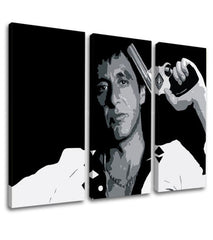 Pop art obraz na plátně s motivem Tony Montana so zbraňou v ruke v bílo-šedých odstínech, intenzivní atmosféra, filmový svět a síla a moc | Největší mafiáni na plátně Scarface - Tony Mon..., pohled 3