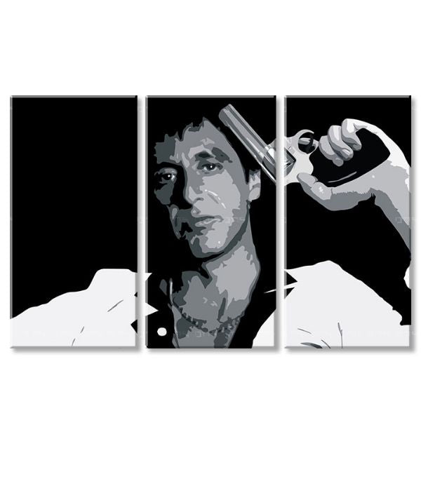Pop art obraz na plátně s motivem Tony Montana so zbraňou v ruke v bílo-šedých odstínech, intenzivní atmosféra, filmový svět a síla a moc | Největší mafiáni na plátně Scarface - Tony Mon..., pohled 4