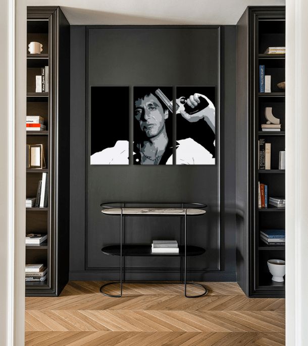 Pop art obraz na plátně s motivem Tony Montana so zbraňou v ruke v bílo-šedých odstínech, intenzivní atmosféra, filmový svět a síla a moc | Největší mafiáni na plátně Scarface - Tony Mon..., pohled 2