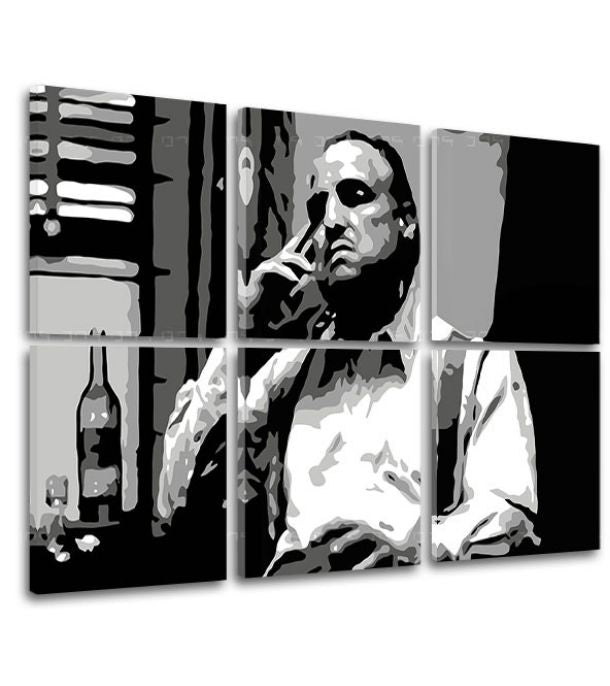 Pop art obraz na plátně s motivem The Godfather - Vito Corleone s lahví škótskej, doutník, lahev v bílo-černých odstínech, melancholická atmosféra – produkt, pohled 2