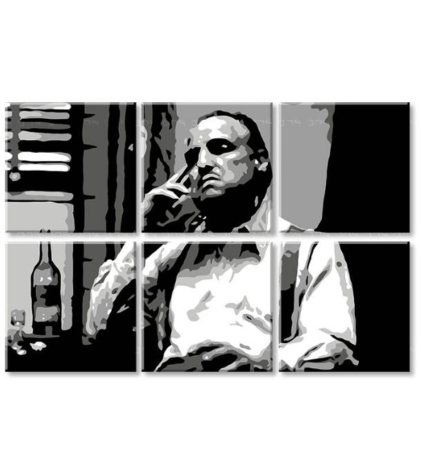 Pop art obraz na plátně s motivem The Godfather - Vito Corleone s lahví škótskej, doutník, lahev v bílo-černých odstínech, melancholická atmosféra – produkt, pohled 3