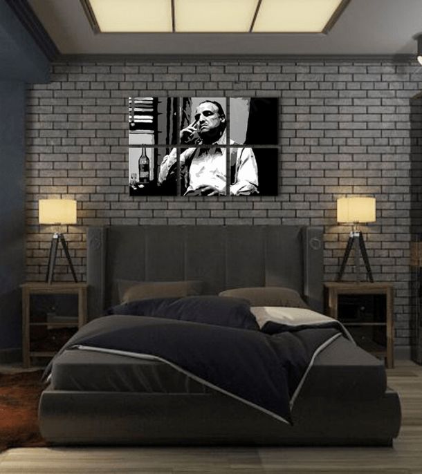 Pop art obraz na plátně s motivem The Godfather - Vito Corleone s lahví škótskej, doutník, lahev v bílo-černých odstínech, melancholická atmosféra – produkt