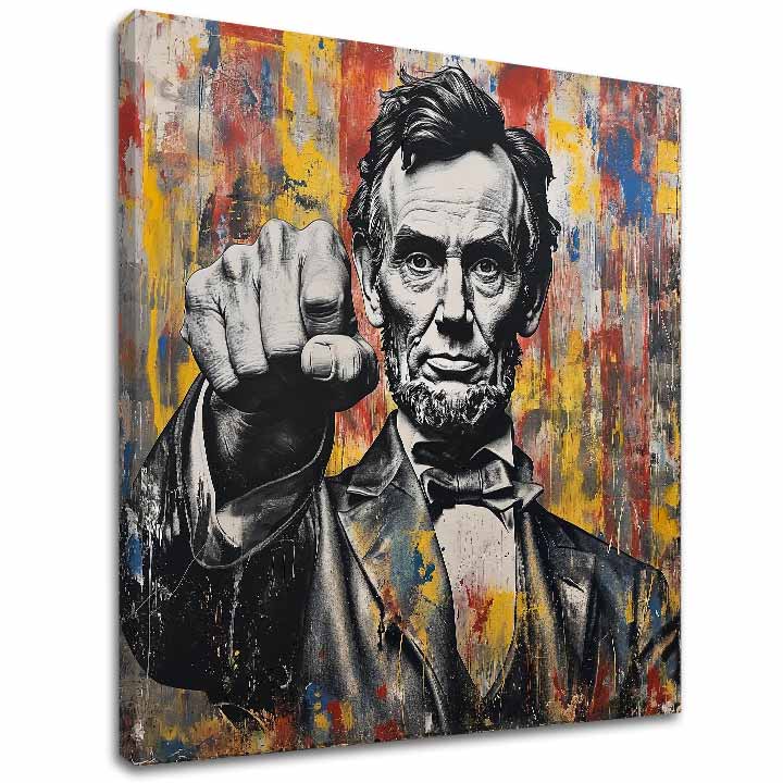 Ručně malované plátno s portrétem Abrahama Lincolna se zaťatou pěstí na barevném pozadí s viditelnými zlatými akcenty, napnuté na dřevěném rámu, Papilora.