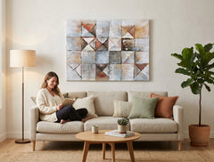Malovaný obraz na zeď ABSTRAKT 80x60 cm – ručně malovaný obraz v elegantním interiéru (Mid-century warm) | wall mockup | premium canvas | Papilora.sk
