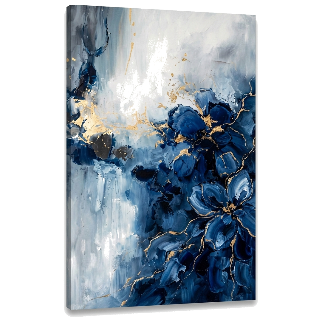 Abstraktní obraz s modrými vlnami a zlatými detaily na plátně — 3D vizualizace canvasu s viditelným dřevěným rámem, Papilora Premium Art.