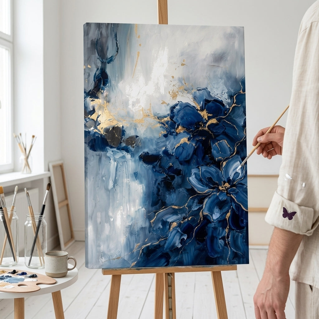 Umělkyně v ateliéru Papilora pracuje na abstraktním obrazu s modrými vlnami, přirozené denní světlo dopadá na plátno s reliéfní strukturou.