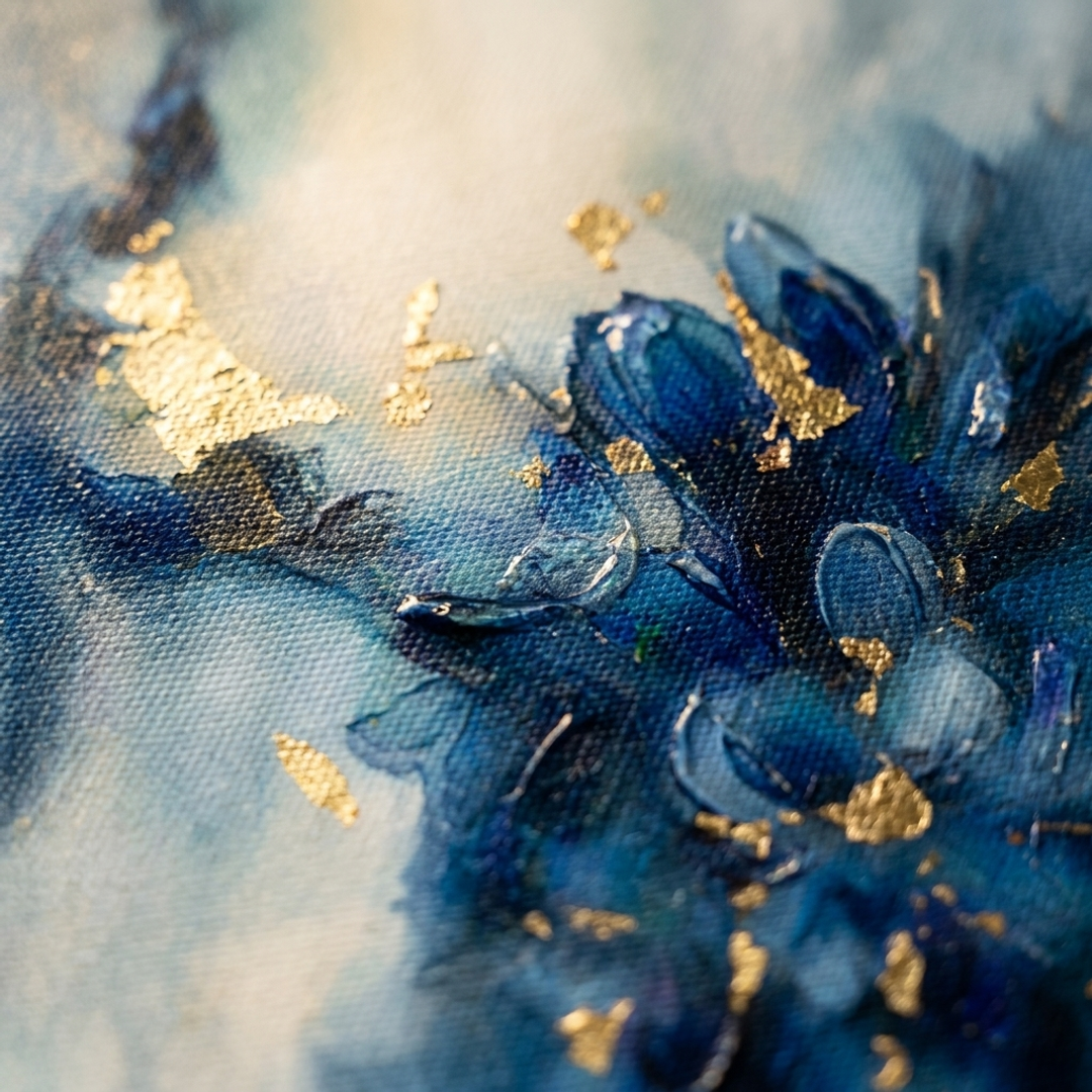 Detailní makro záběr ručně malovaných impasto tahů akrylovou barvou na abstraktním obraze, viditelná 3D textura a zlaté akcenty.